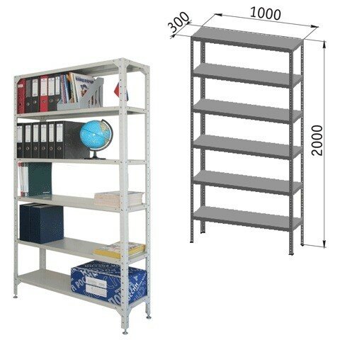 фото Стеллаж металлический "универсал", 2000х1000х300 мм, усиленные стойки, 6 полок, регулируемые опоры, 290144 (290144)