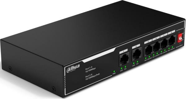 DAHUA DH-SF1006LP 6-портовый неуправляемый коммутатор с РоЕ 4xRJ45 100Mb PoE 2xRJ45 100Mb uplink суммарно 36Вт коммутация 1.2 Гбит/с MAC-таблица