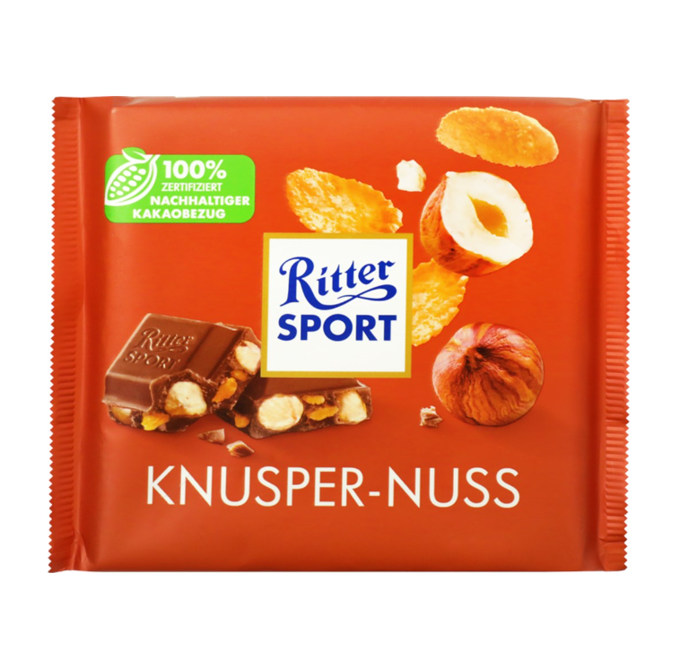 Шоколад молочный Ritter Sport с цельным обжаренным орехом лещины и кукурузными хлопьями 250 г - 1 шт