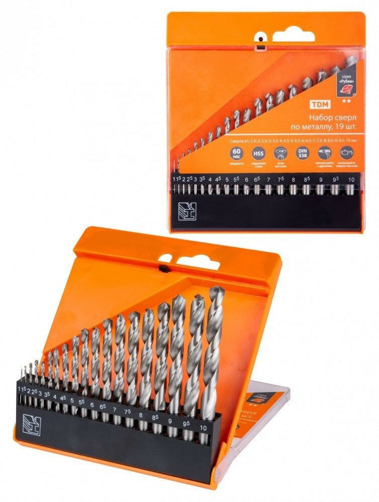 фото TDM Набор сверл по металлу, 19 шт. (1-10) мм, шаг 0,5 мм, полир., HSS, ц. хв., пласт. уп., "Рубин" SQ1093-0102 (20 шт.)