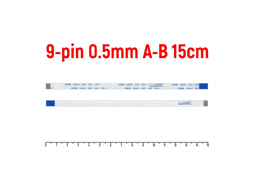 Шлейф FFC 9-pin Шаг 0.5mm Длина 15cm Обратный A-B AWM 20624 80C 60V VW-1