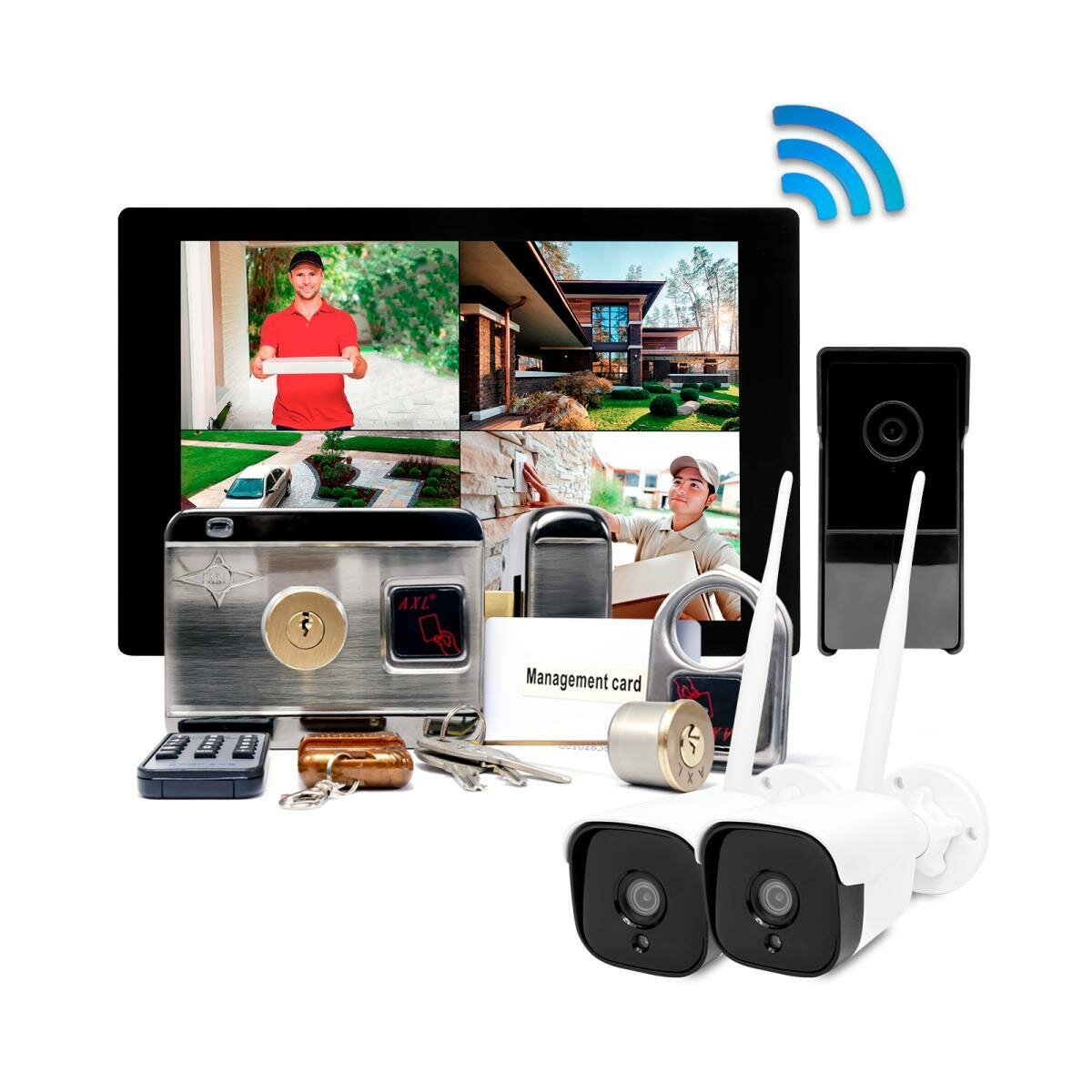 Беспроводной видеодомофон с 2 камерами и замком - SkyNet (1+2+AX066) 1000 (N50379RA): Wi-Fi HD монитор 10 дюймов, вызывная панель, электромеханический