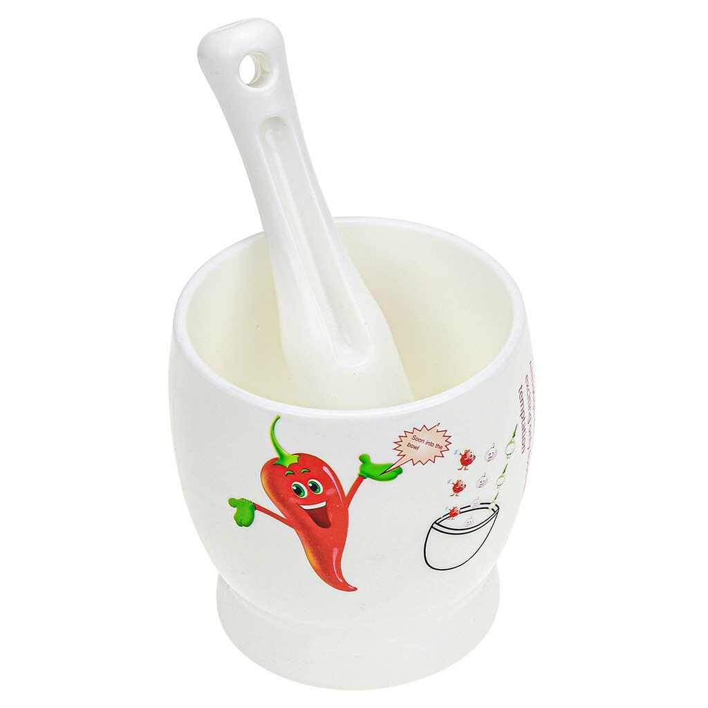 фото Ступка КНР пластмассовая, 400 мл, диаметр 9 см, высота 9,8 см с пестиком 3,3х15,3 см, с декором, в блистере