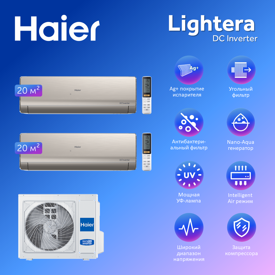 Мульти сплит система на 2 комнаты Haier Lightera Super Match AS09NS6ERA-Gх2/2U40S2SM1FA