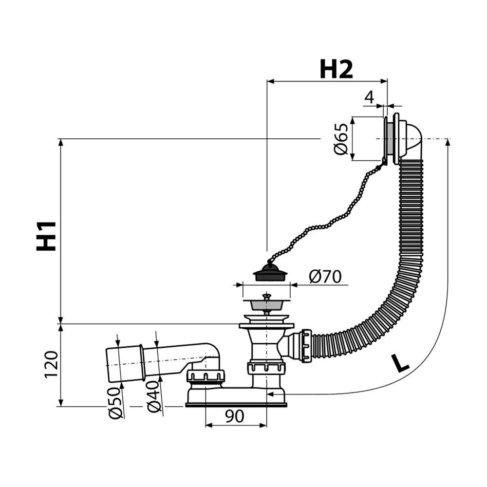 Сифон для ванны Alcadrain регулируемый слив d52 полуавтомат с выпуском d70 мм с переливом (A501/AG210112160)