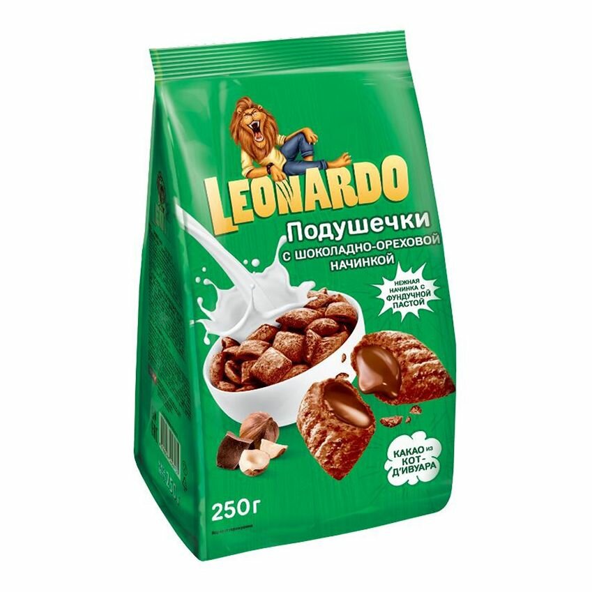 Сухой завтрак подушечки Leonardo пшеничные с шоколадно-ореховой начинкой 250 г