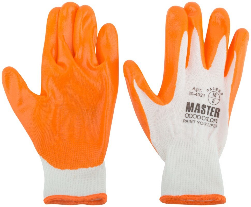 фото MASTER COLOR Перчатки белые, полиэстер с обливкой из нитрила (кислото-щелочно стойкие; водоотталкивающие), р-р М/8 ( 30-4011 )