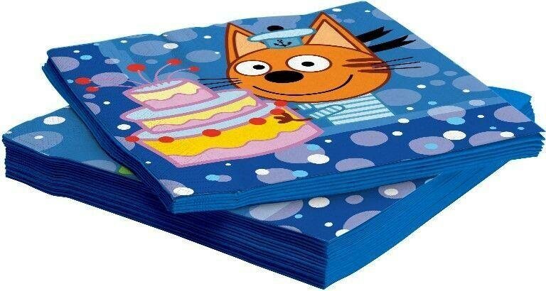 фото Салфетки, Три Кота, С Днем Рождения!, Синий, 33*33 см, 20 шт.