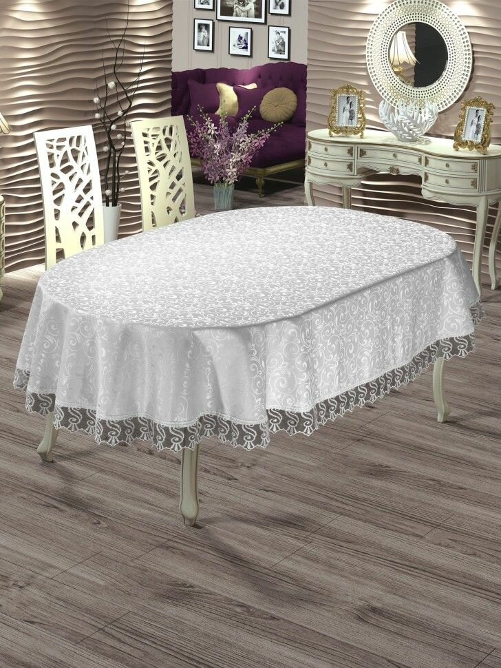 фото Скатерть c гипюром 160х220 КДК овальная, с пропиткой белая