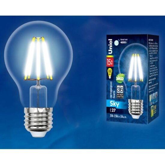 Светодиодная лампа UNIEL LED-A70-15W/4000K/E27/CL PLS02WH Форма "A", прозрачная. Серия Sky. Белый свет (4000K). Картон. ТМ .