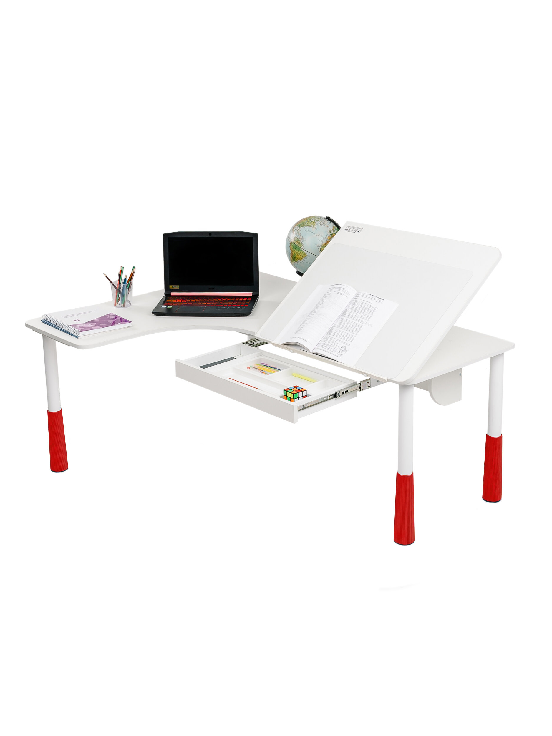 Компьютерный стол угловой Астек большой с выдвижным ящиком 115х150см цвет: белый/красный - фотография № 1
