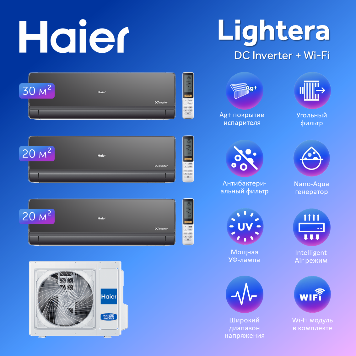Мульти сплит система на 3 комнаты Haier Lightera Super Match AS09NS6ERA-Wх2+AS12NS6ERA-W/3U70S2SR5FA с Wi-Fi