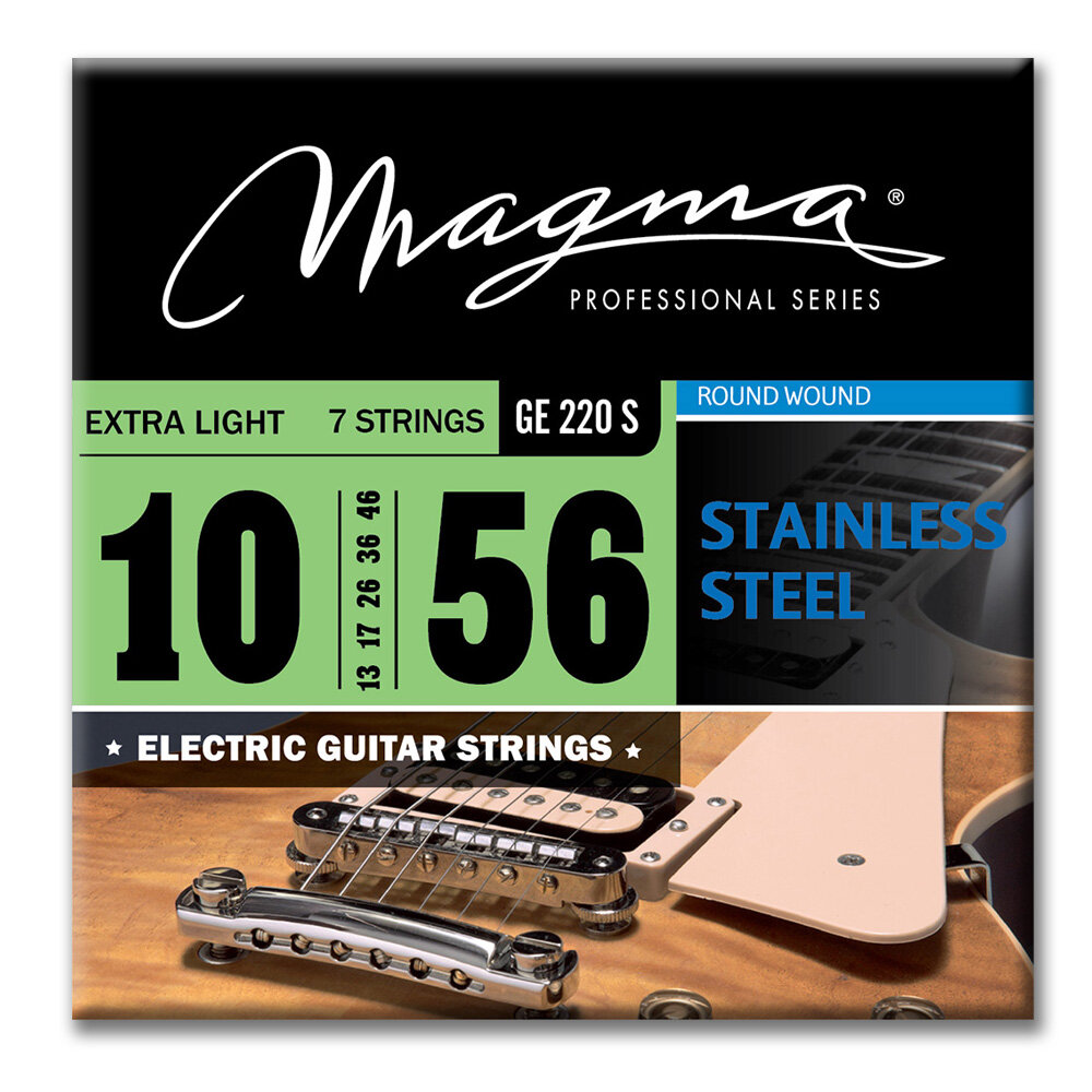 Magma Strings GE220S Струны для 7-струнной электрогитары 10-56 Серия: Stainless Steel Калибр: 10-13-17-26-36-46-56 Обмотка: круглая нержавеющая ст