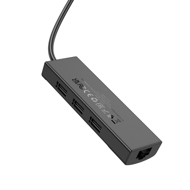 USB Хаб (HB42) с 1 USB на 3 USB 2.0+RJ45 100Mbps, HOCO, L=1.2M, черный