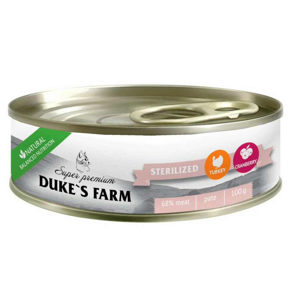 фото Duke's Farm влажный корм для взрослых стерилизованных кошек, паштет с индейкой и клюквой, в консервах - 100 г х 24 шт