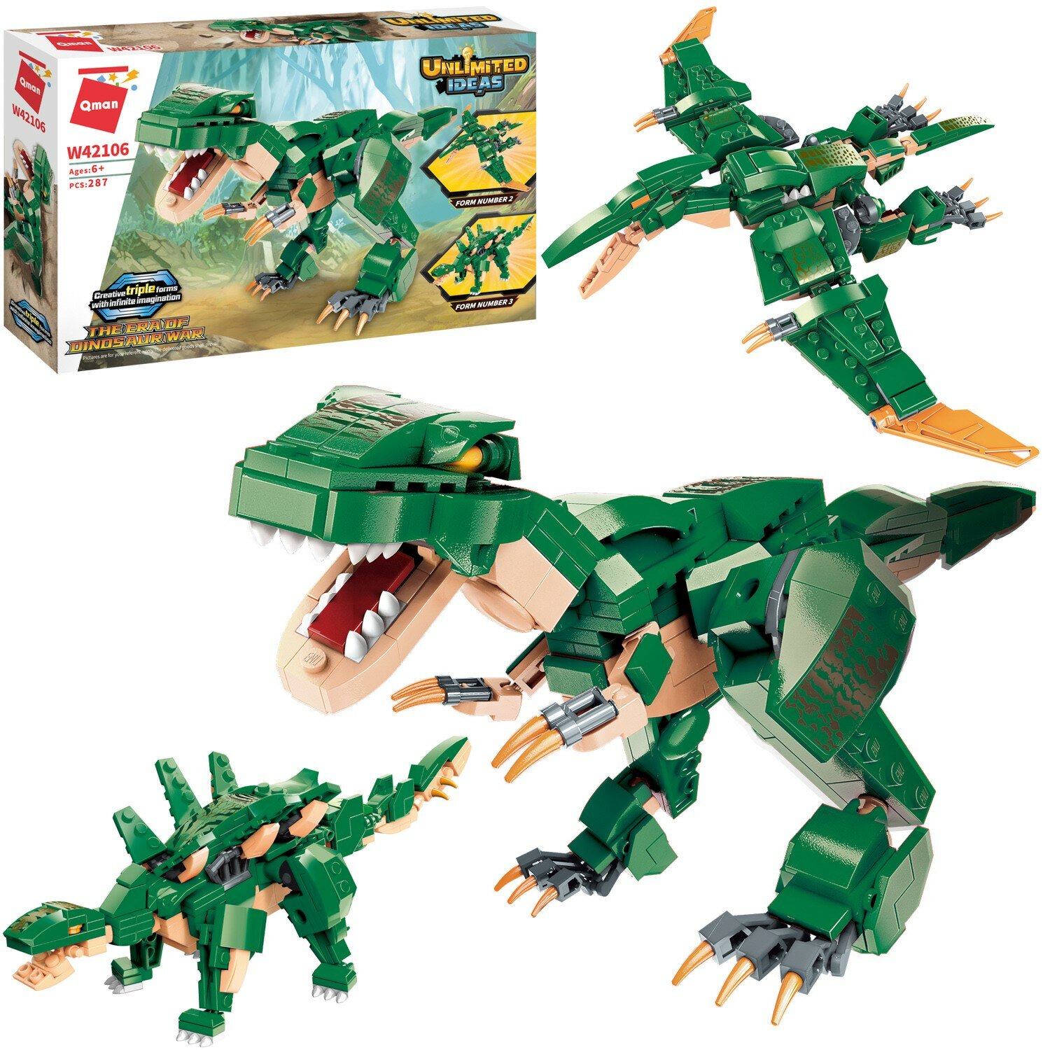 Конструктор Qman серия Unlimited Ideas 3в1 Динозавр Тираннозавр или Стегозавр или Птеродактиль зелен