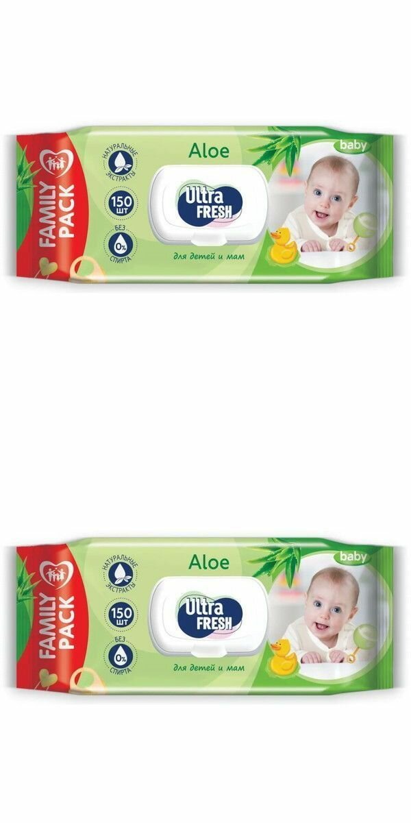 Ultra Fresh Влажные салфетки для детей и мам, Ultra Fresh Baby, С алоэ, С клапаном, 150 шт/уп, 2 уп