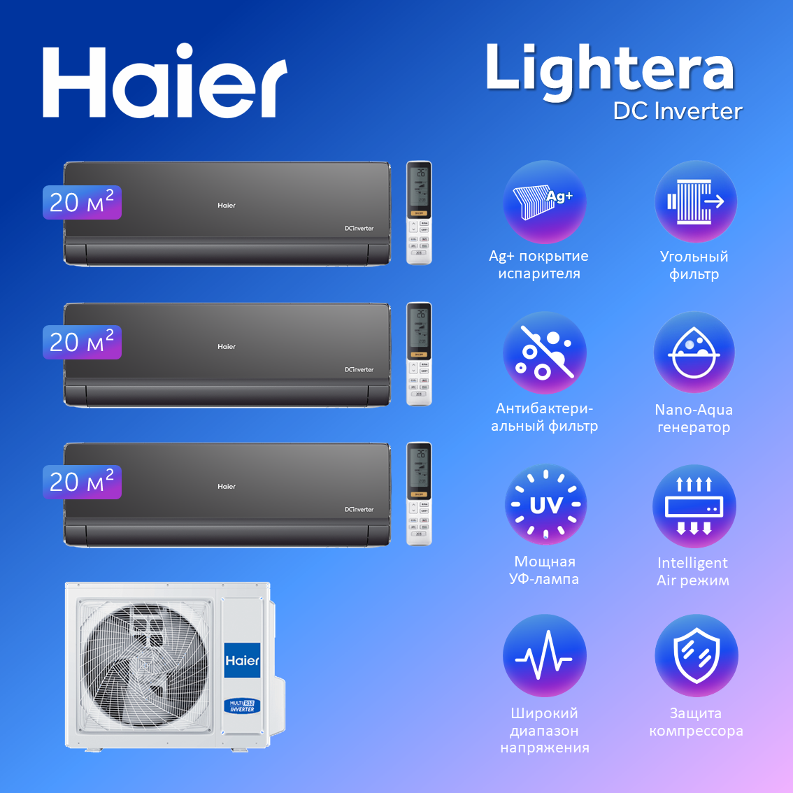 Мульти сплит система на 3 комнаты Haier Lightera Super Match AS09NS6ERA-Bх3/3U55S2SR5FA