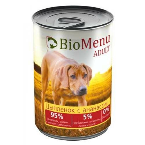 #(4+1)BioMenu ADULT Консервы д/собак Цыпленок с Ананасами 95%-мясо 410гр