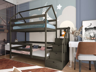 Кровать детская, подростковая "Двухъярусная с лестницей-комодом", 180х90, масло, из массива берёзы