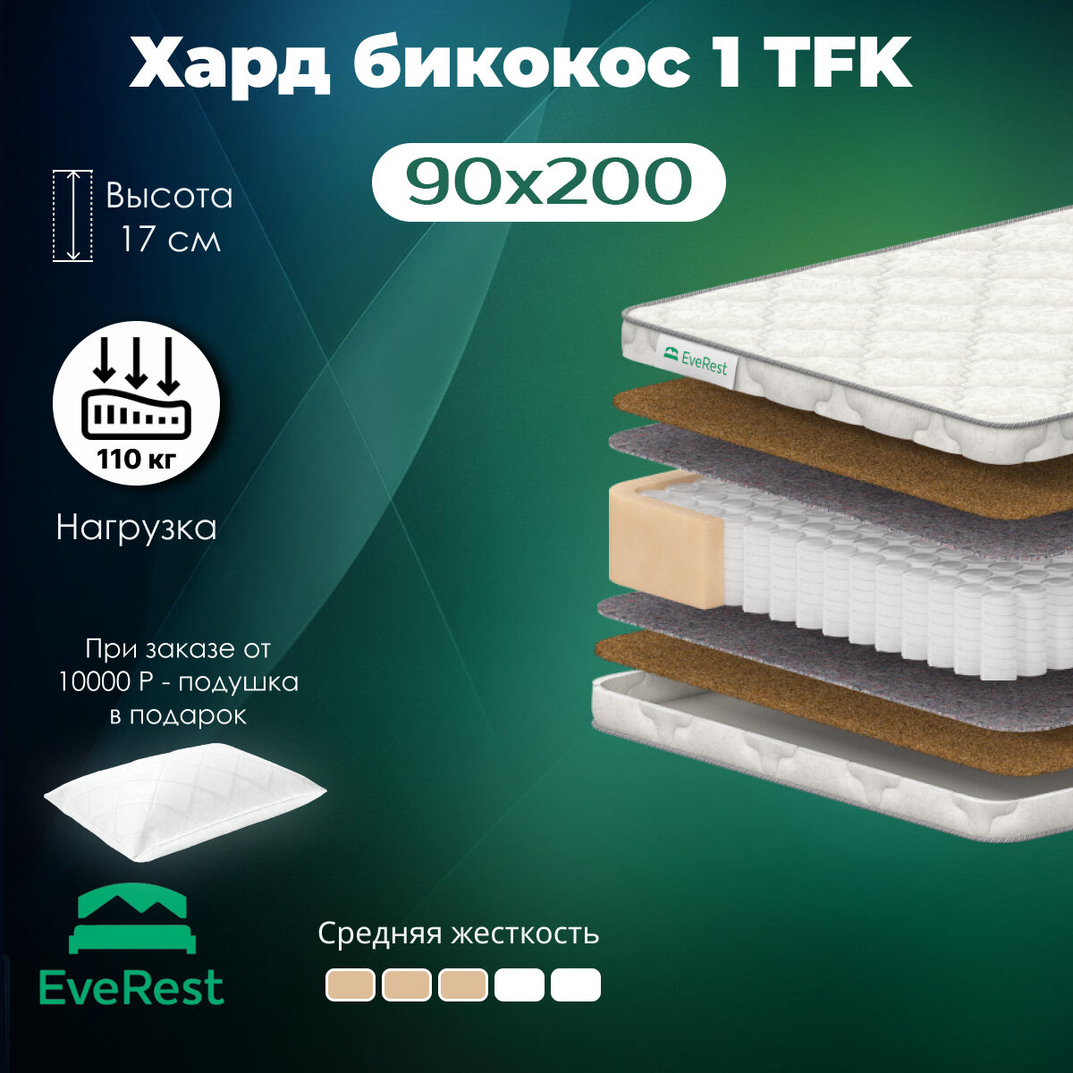 Матрас Everest Хард Бикокос 10 TFK пружинный 90 х 200 см