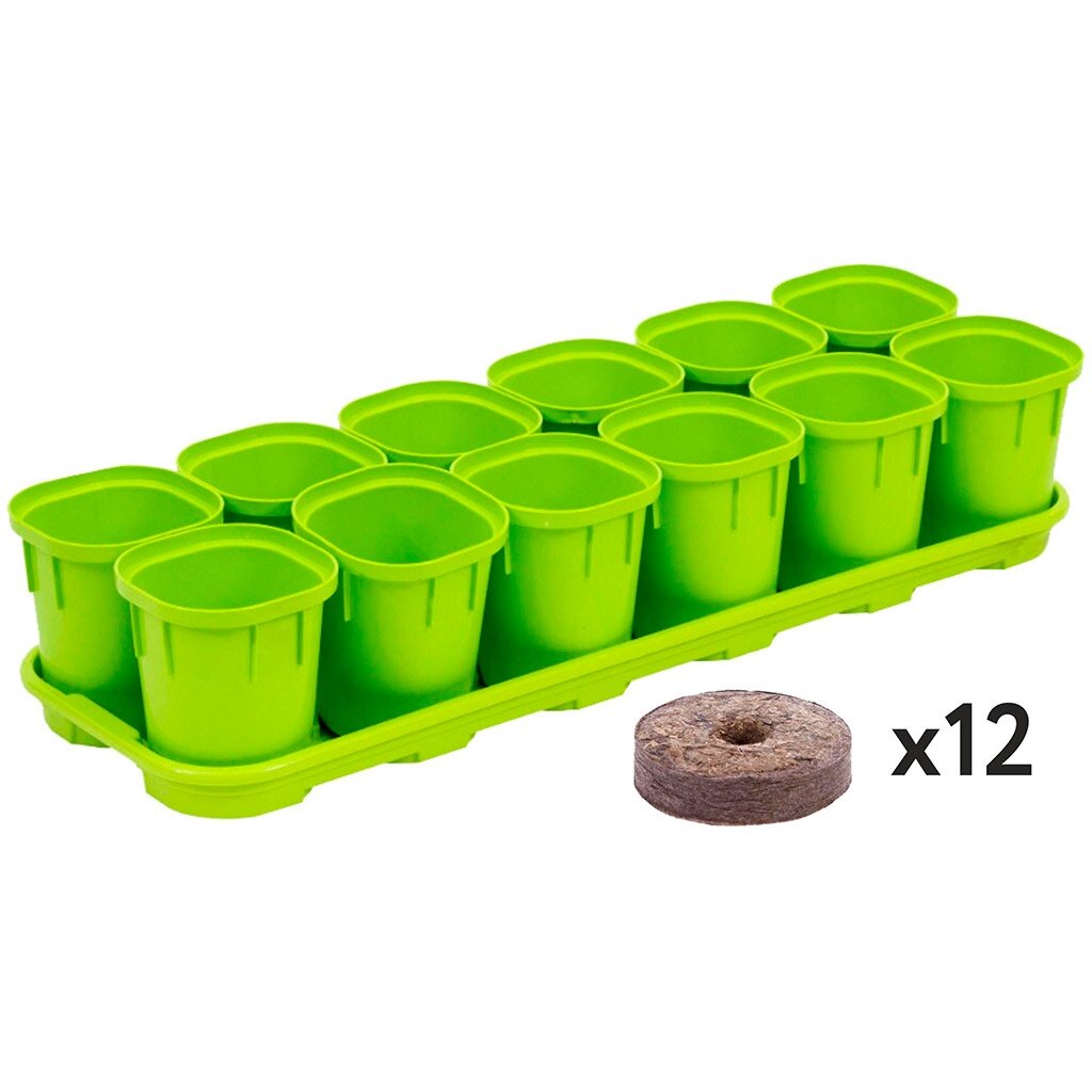 фото Горшок для рассады InGreen пластмассовый, "Smart Solution" 200 мл, набор 12 шт, с поддоном 42х14х8 см, с торфяными таблетками, многоразовый, фисташковый