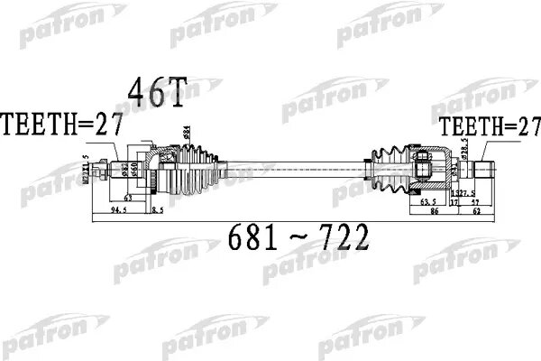 PATRON PDS0490 Поуось перний мост сева 27X681X60X27 ABS:46T HYUNDAI ELANTRA [A5] 16 11- 18 6MT I30 [A5] 12 -