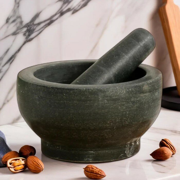 фото Ступка с пестиком из камня большая, 1000 мл, черная, в коробке