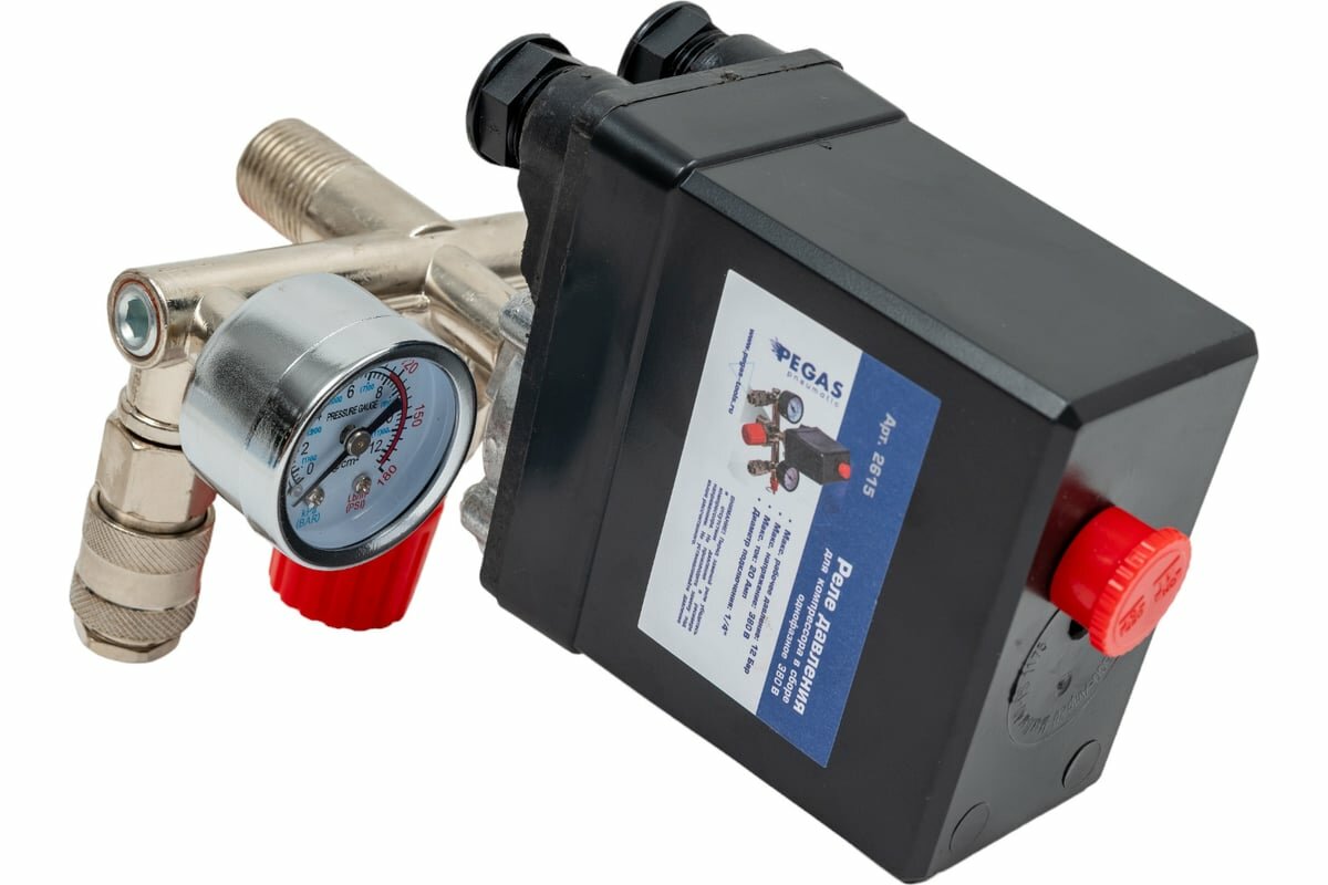 фото Pegas pneumatic Реле для компрессора в сборе 380 В (2 быстросъемных выхода, регулятор давления, клапан сброса давления) 2615
