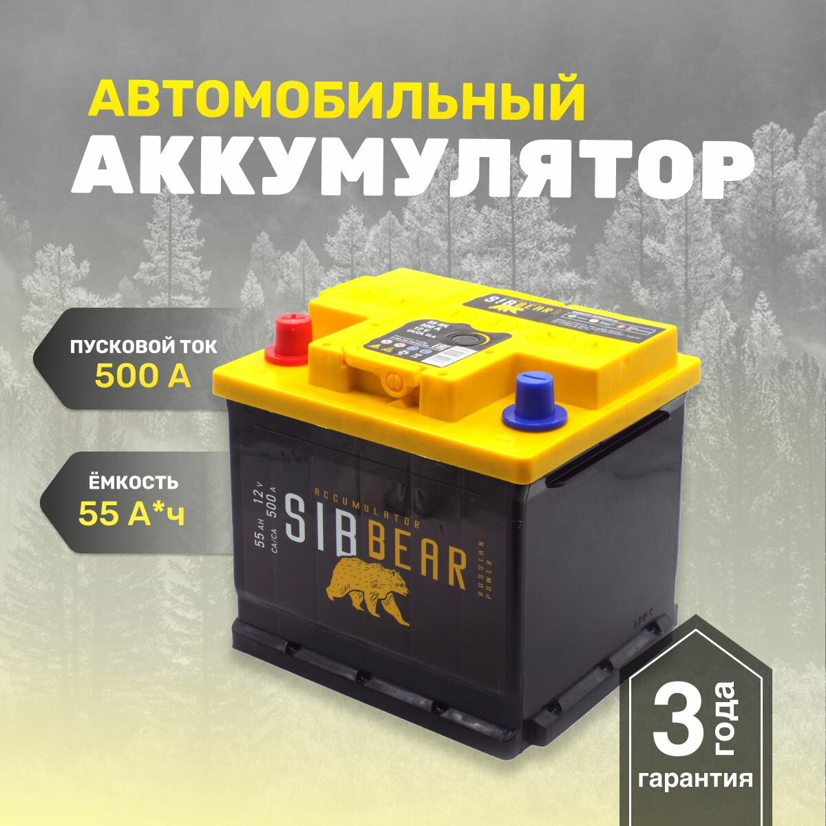 Аккумулятор автомобильный SIBBEAR 55 А*ч п. п. L1 207х175х190 Прямая полярность