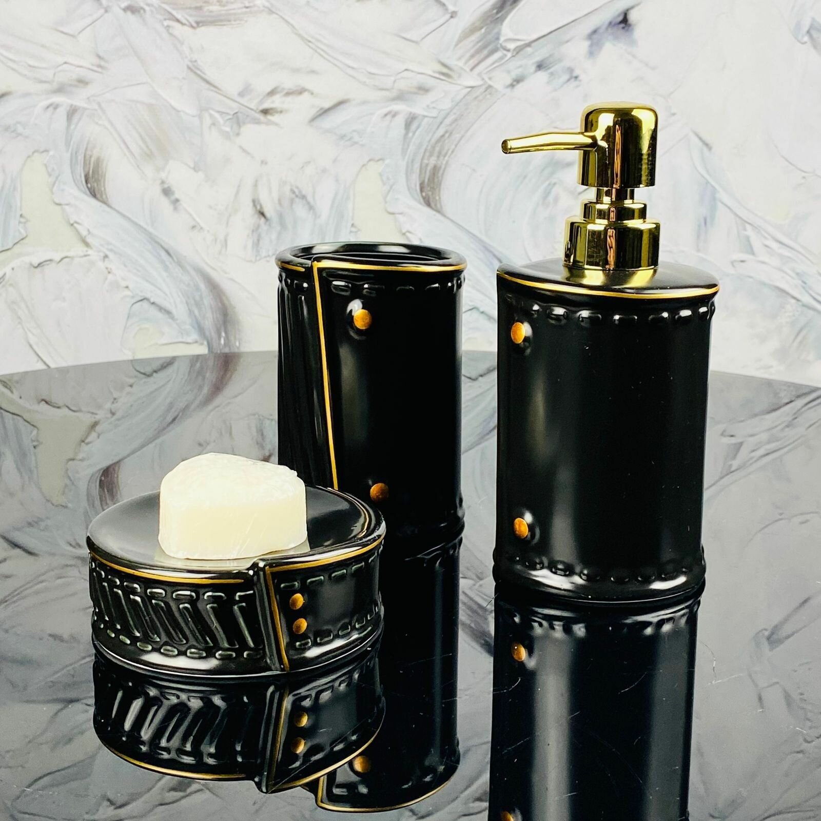 фото Ванный набор 3 предмета Lenardi мыльница, дозатор, стакан для зубных щеток, фарфор