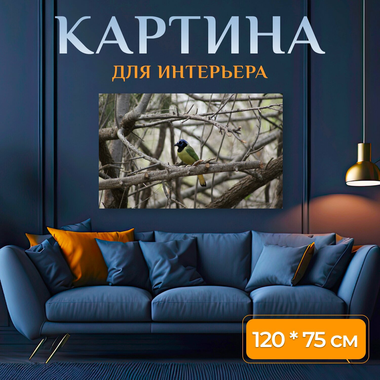 Картина на холсте "Зеленая сойка, птица, деревья" на подрамнике 120х75 см. для интерьера
