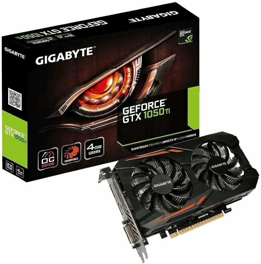 Видеокарта GIGABYTE GeForce GTX 1050TI, активная, 4Gb, 193x105x33 мм, черная