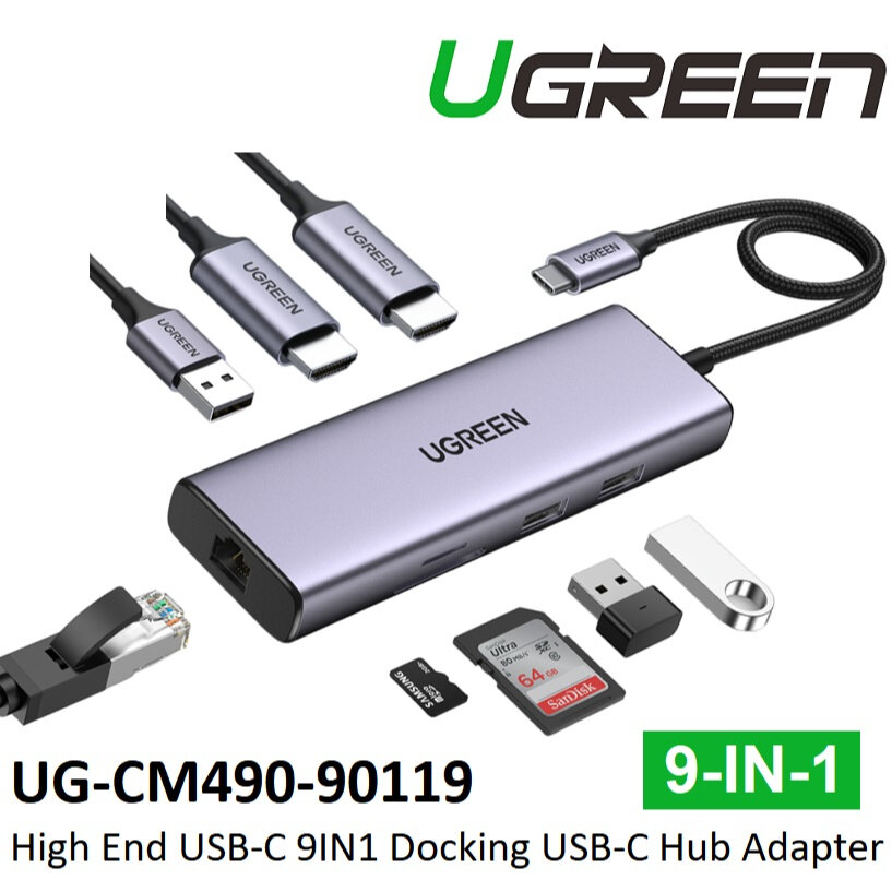 Порт репликатор UGREEN CM490 Converter USB-C to 2×USB 3.0+1×USB 2.0+2×HDMI+RJ45(1000M)+SD+TF+PD 4K60Hz, серый