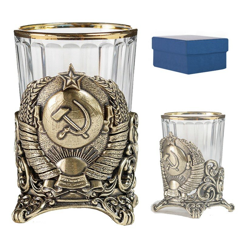 фото Подарки Стопка "Герб СССР" из стекла и латуни в коробке (50 мл)