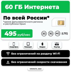 SIM-карта 60 гб интернета 3G/4G/LTE за 495 руб/мес (модемы, роутеры, планшеты) + раздача, торренты (Россия)