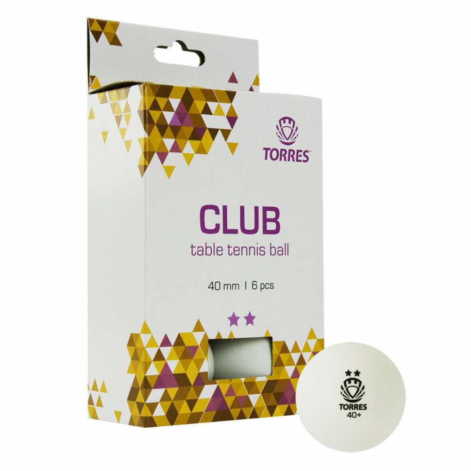 Мяч для настольного тенниса TORRES Club 2*, TT21014, диам. 40+мм, 6 шт, белый