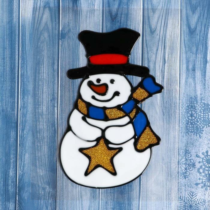 Интерьерная наклейка Зимнее волшебство "Снеговик в полосатом шарфе со звездой", на стекло, 9,5х15 см
