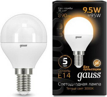 Лампа GAUSS LED Globe E 14 9.5W 3000 K 105101110