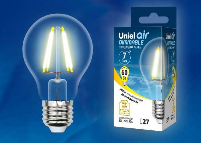 Uniel Лампа светодиодная филаментная (UL-00002872) Uniel E27 7W 3000K LED-A60-7W/WW/E27/CL/DIM GLA01TR