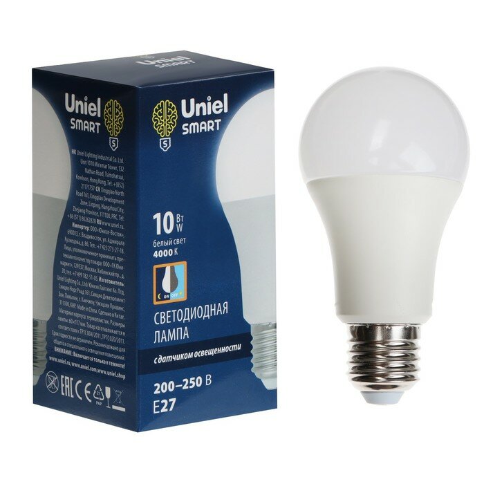 Светодиодная лампа Uniel, LED-A60-10W, 4000 K, E27, PS, PLS10WH, датчик освещенности - фотография № 1