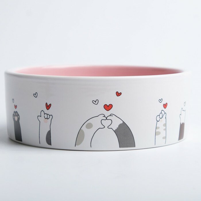 Миска керамическая "Любовь и коты"300 мл 12,5 x 4,5 cм, розово-белая - фотография № 3
