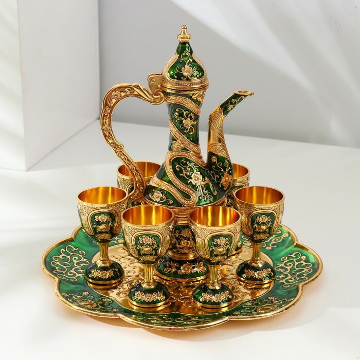 фото Набор винный кувшин, 6 бокалов и поднос "Турция. Цветы и узоры" зелёный с золотом