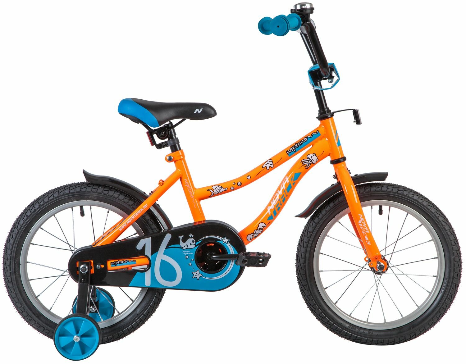 NOVATRACK NEPTUNE 16" (2020) (Велосипед NOVATRACK 16" NEPTUNE оранжевый, тормоз нож, крылья корот, полная защ.цепи)