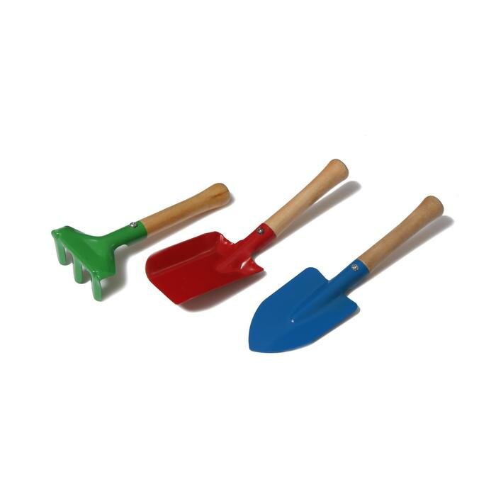 Набор садового инструмента, 3 предмета: грабли, совок, лопатка, длина 20 см, деревянная ручка (1 шт.) - фотография № 1