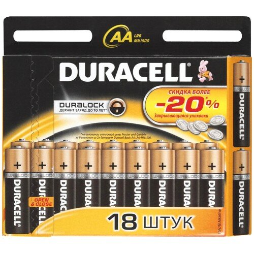 Батарейка AA щелочная Duracell LR6-18BL Basic экономичная упаковка 18шт.