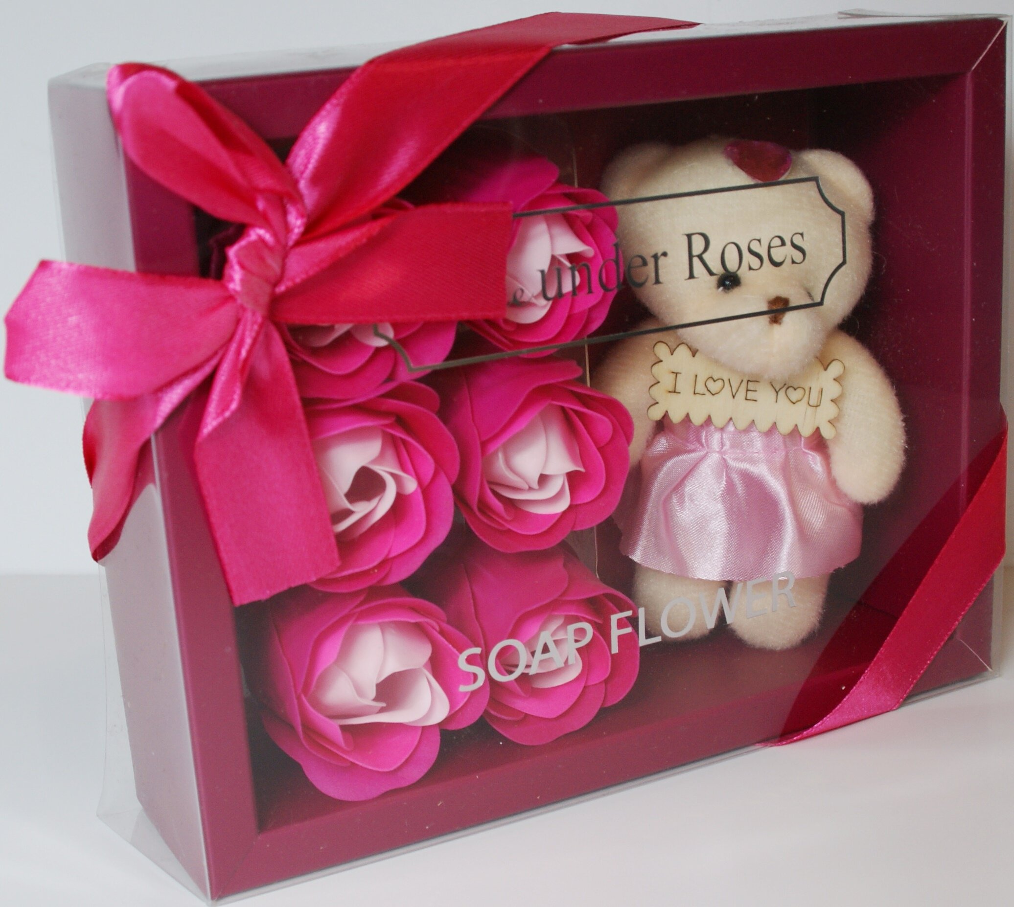 Подарочный набор из мыльных роз с мишкой/ 6 роз в коробке+ мишка/малиновый-белый