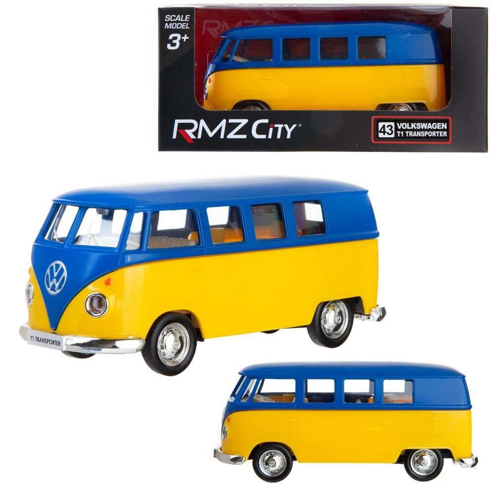 Машинка металлическая Uni-Fortune RMZ City серия 1:32 Автобус инерционный Volkswagen Samba bus Transporterr цвет матовый синий с желтым двери открываются 554025M(G)