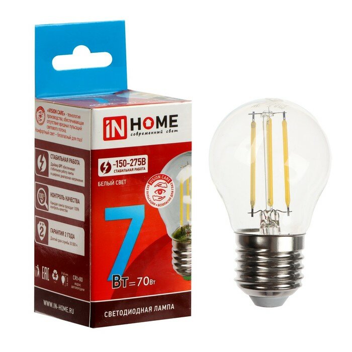 INhome Лампа светодиодная IN HOME LED-ШАР-deco, 7 Вт, 230 В, Е27, 4000 К, 810 Лм, прозрачная - фотография № 1