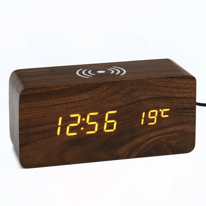 Настольные электронные часы "Цифра-ТЗ", термометр, QI зарядка, желтая индикация./В упаковке: 1 - фотография № 1